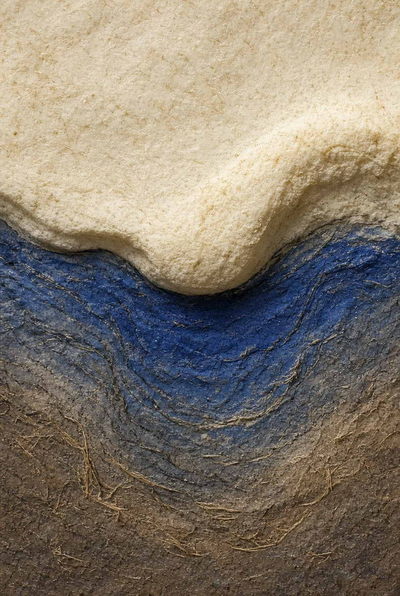 Encaustic relief beneath a quiet cloud edge