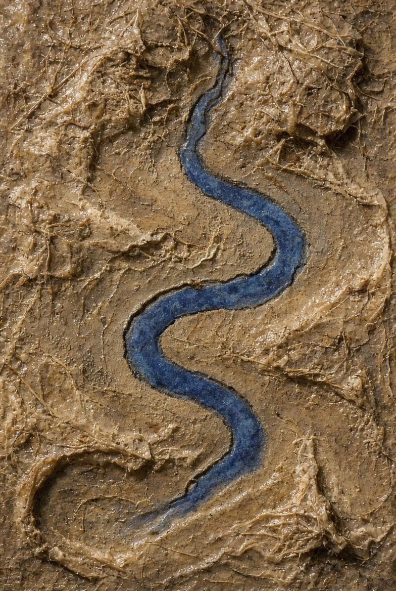 Compacted wax surface redirecting a blue thread