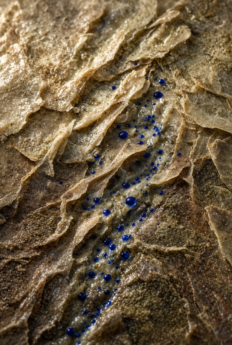 A fallen leaf layer receiving small droplets