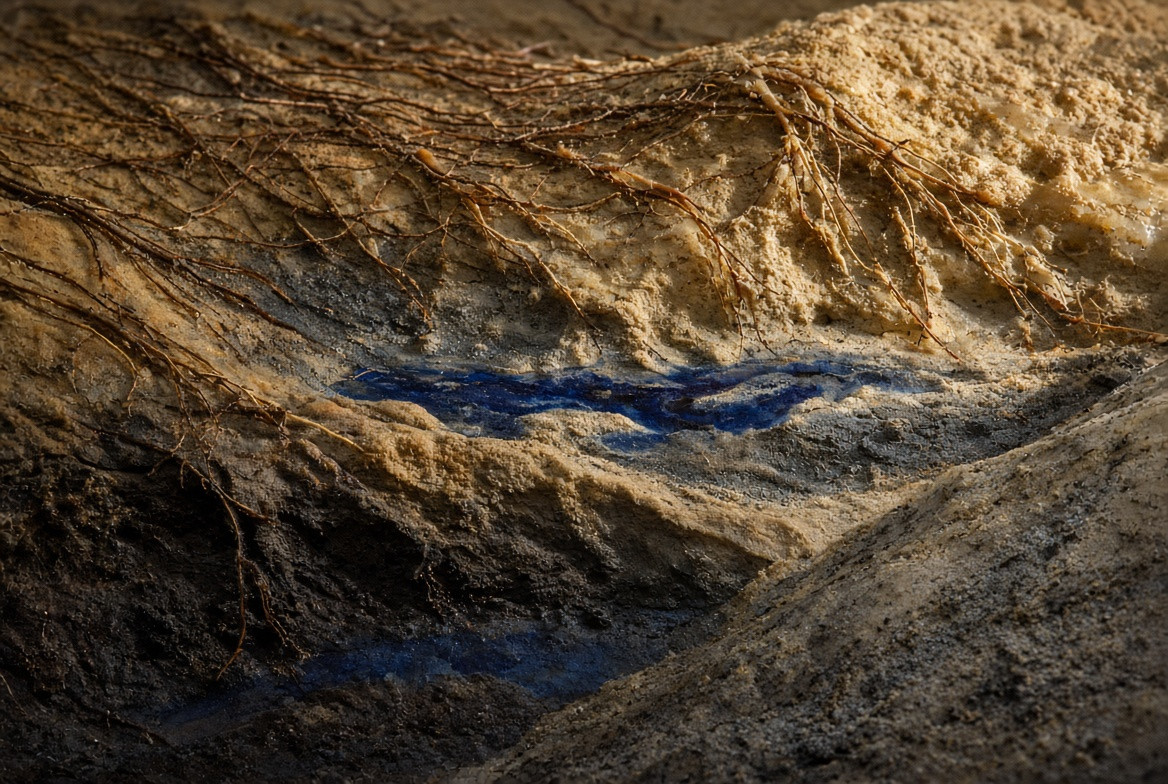 Root fibers holding a shaded bank