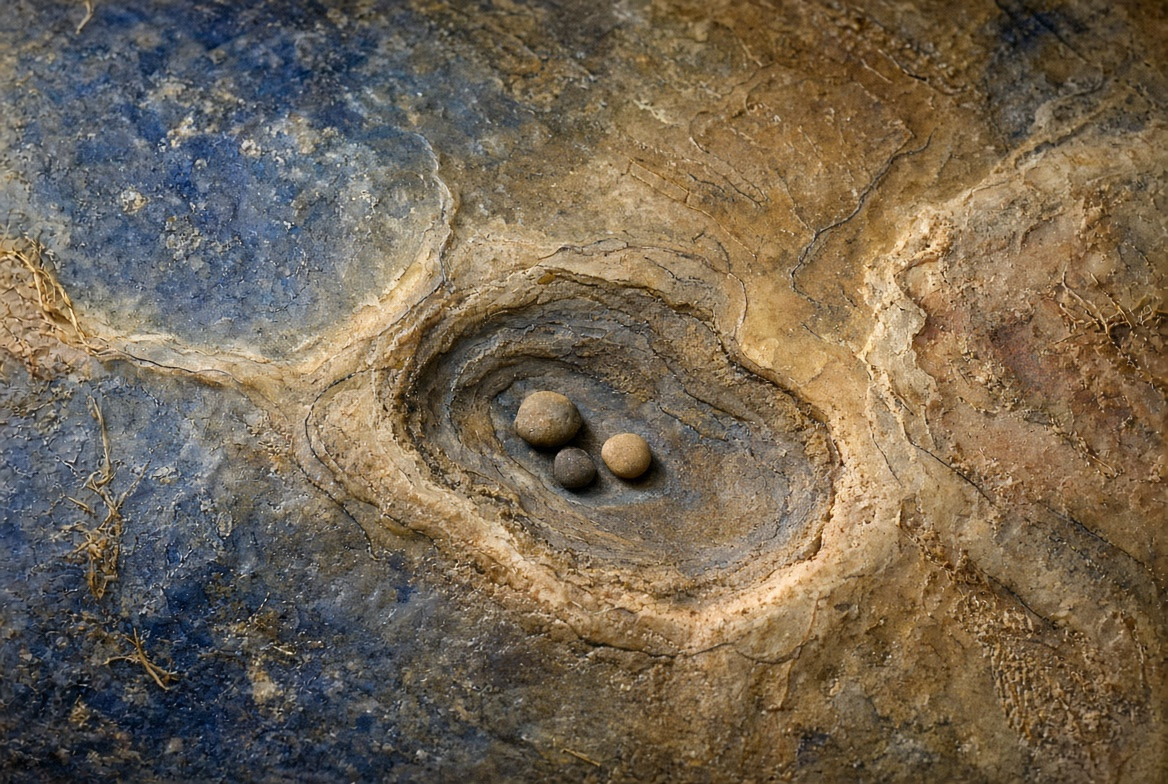 Three small node stones resting in one local channel