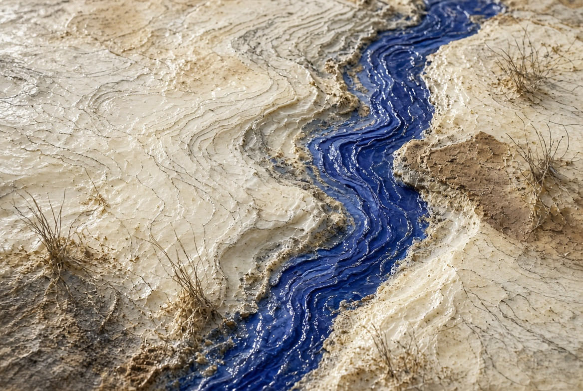 A blue river edge leading toward a separate destination